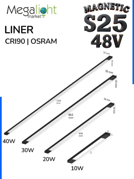 Светильник LINER MAGNETIC S25 48V 40W 120° 3000/4000/6000K CRI90 OSRAM | Черный корпус L1206mm